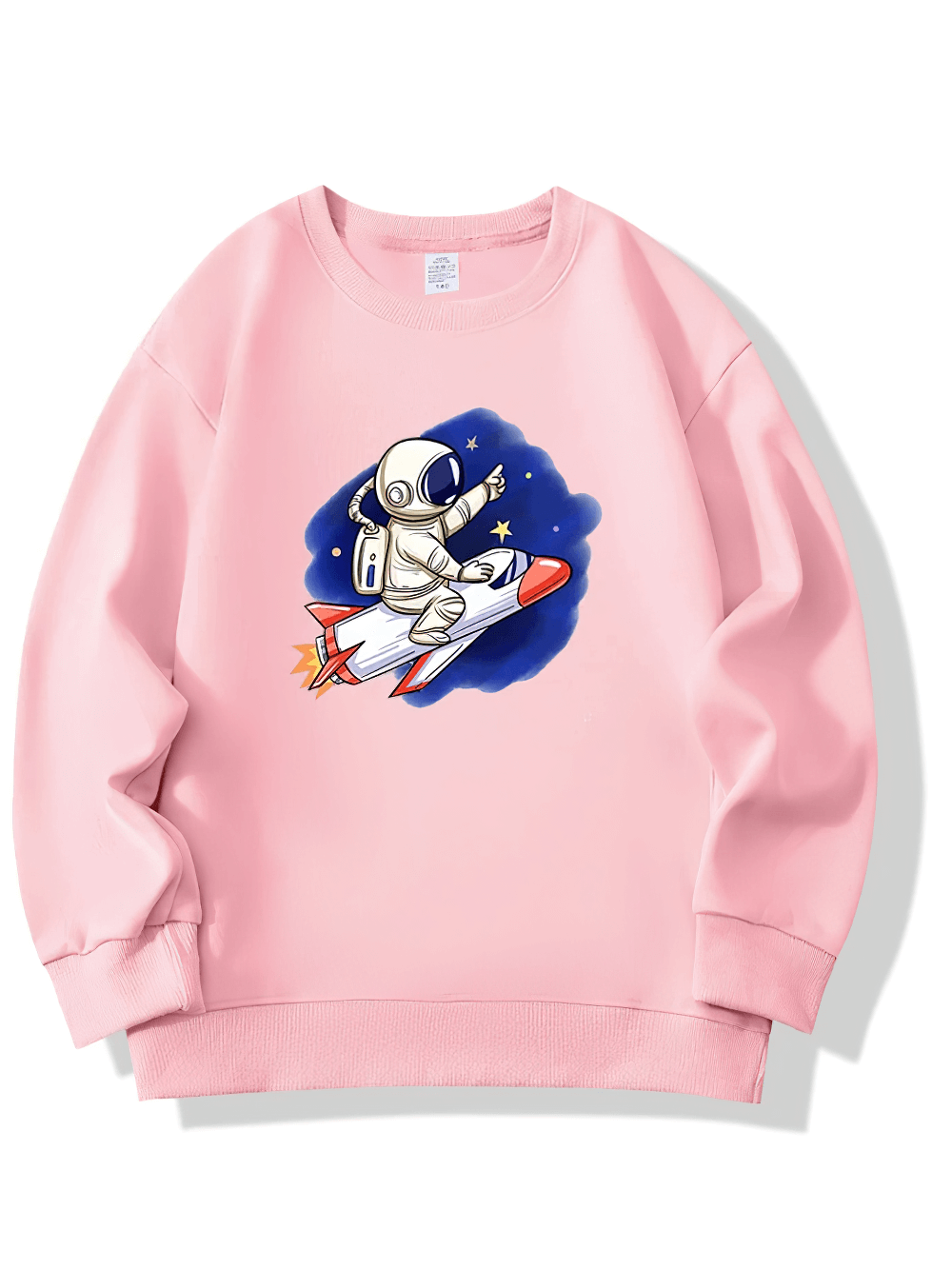 Kids pink astronaut rocket ride graphic sweatshirt with starry space design, perfect for playful space explorers. Available in multiple colors.